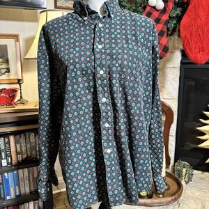 Vintage Cambridge Classics L Corduroy Button Front Shirt Geometric Pattern Green